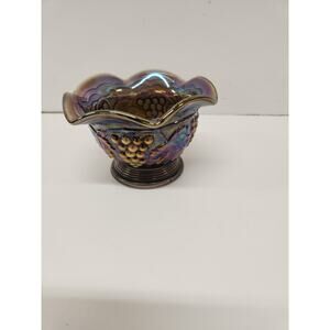 Vtg Imperial Glass Carnival Glass Bowl Grape/Leaf Pattern 3.5"T